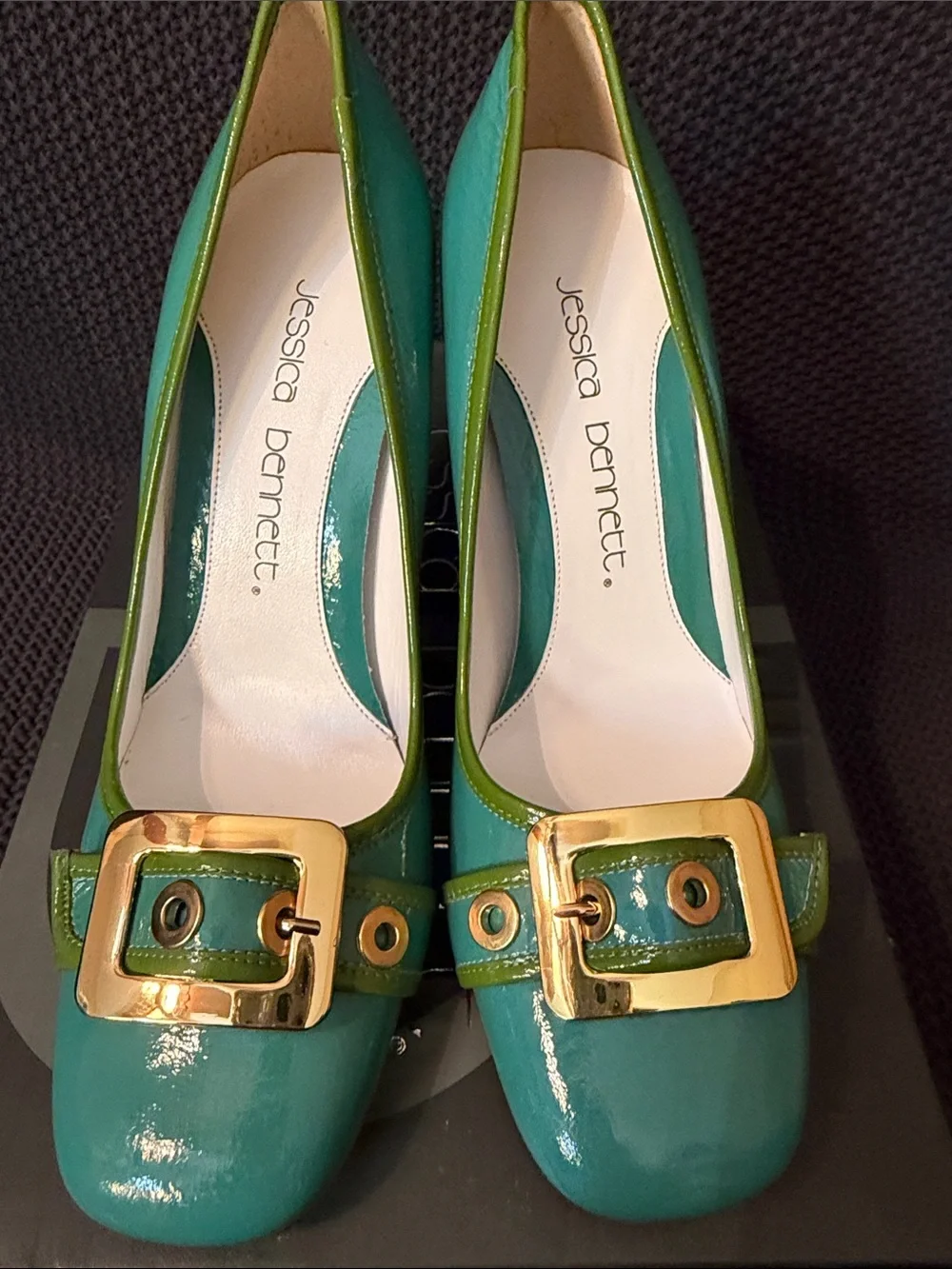 Jessica Bennett Turquoise and Lime Patent Leather Pumps